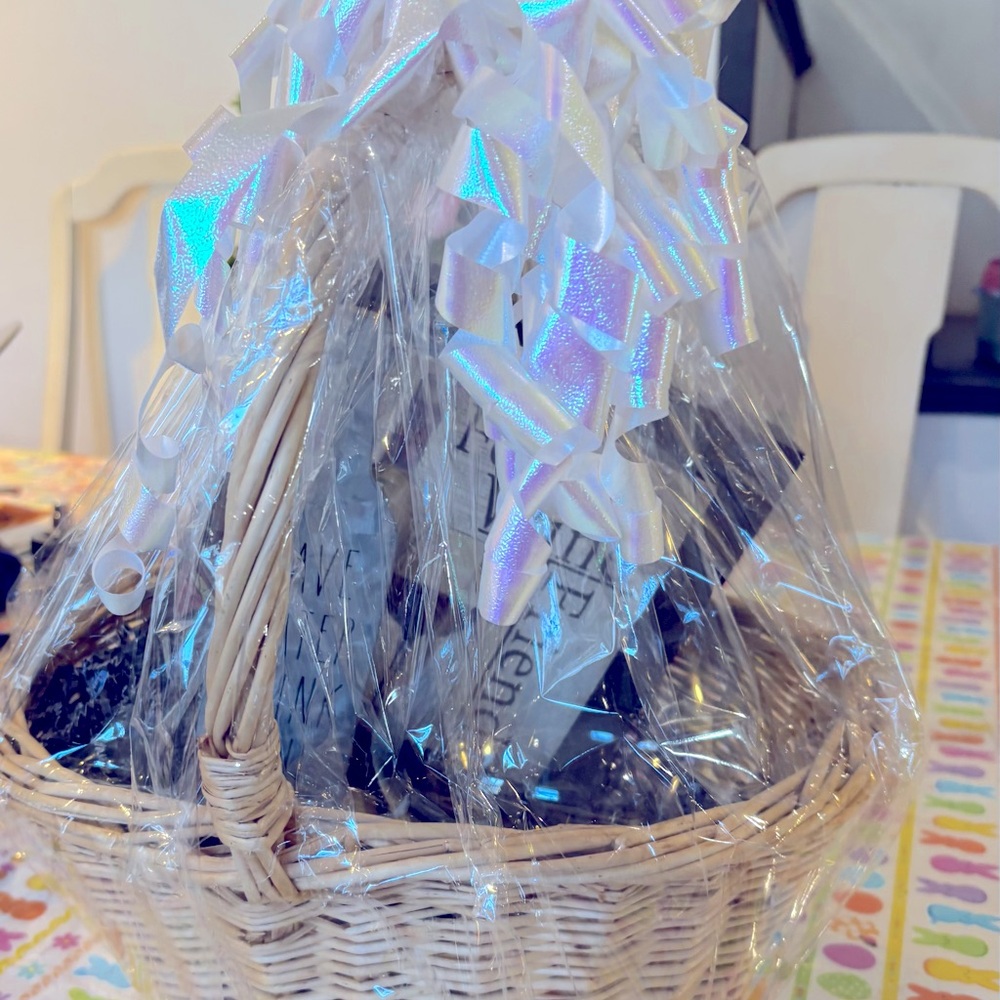 Elegant Gift Basket with Iridescent White Ribbon